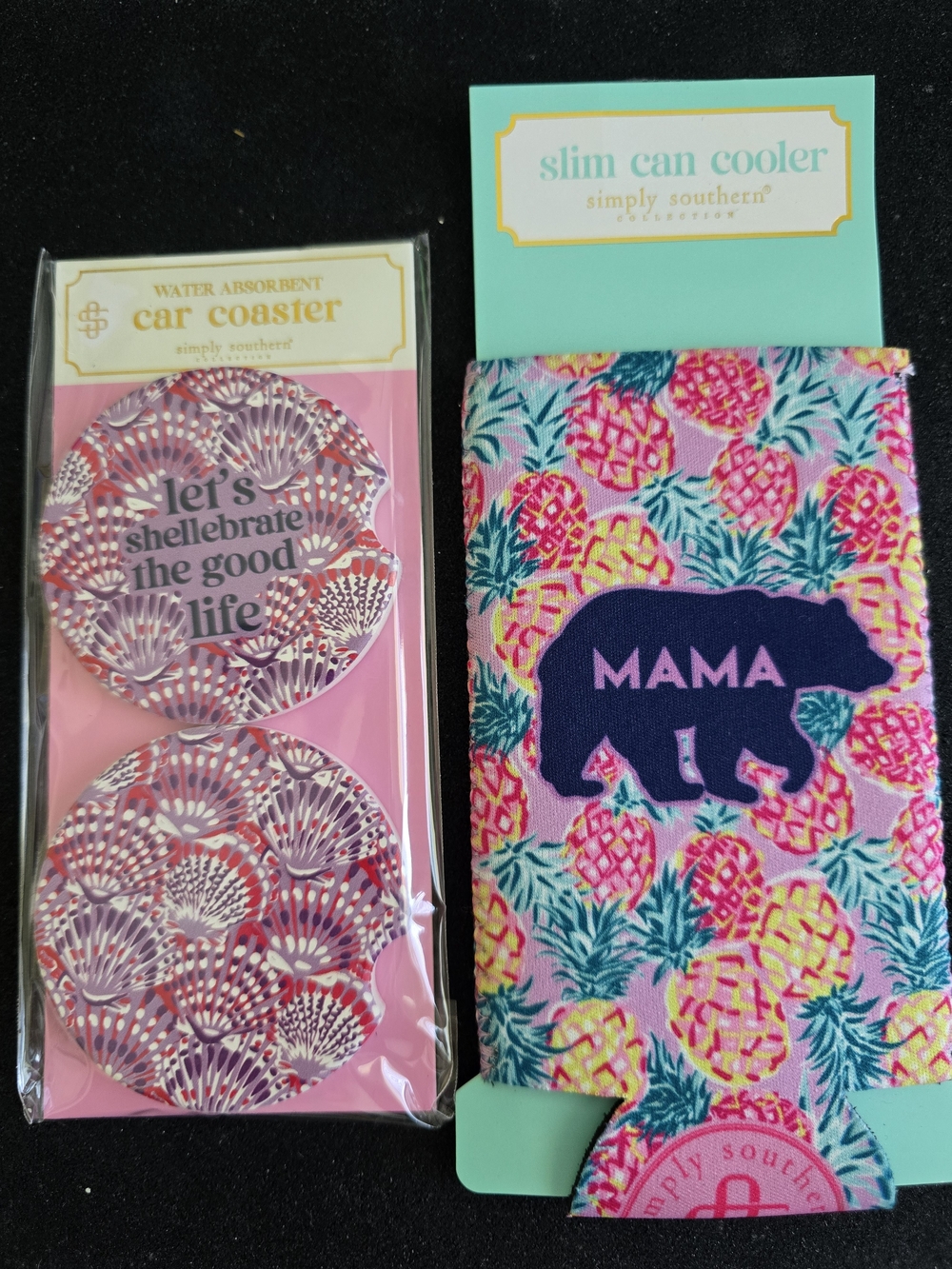 Simply Southern Pink Pineapple MAMA Slim Can Cooler and Car Coasters Set, NWT!